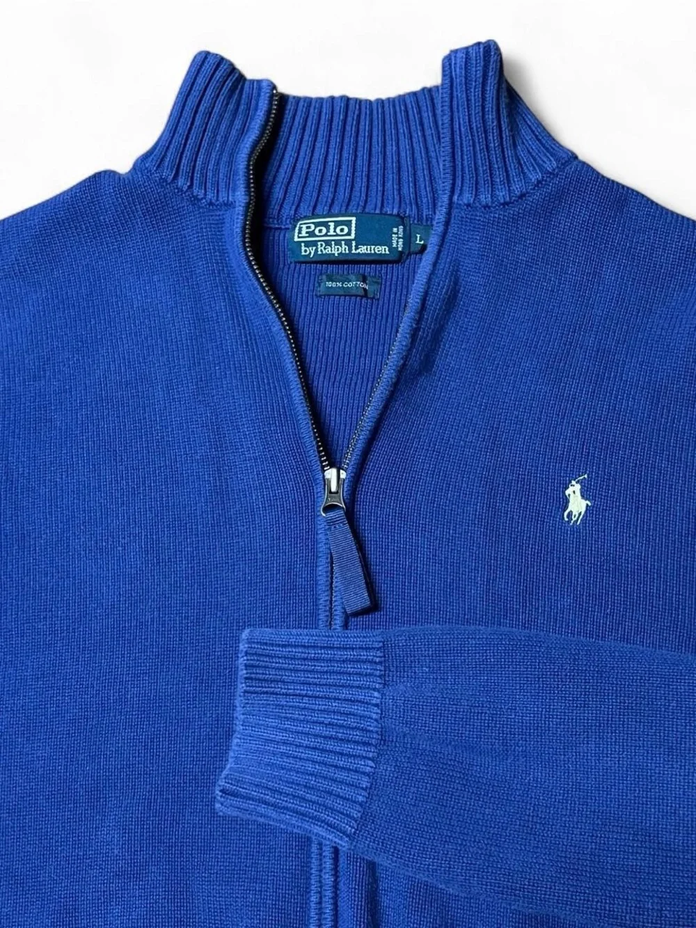 Polo Ralph Lauren Mens Navy Blue Full Zip Cotton Sweater Mock Neck Ribbed Pony L